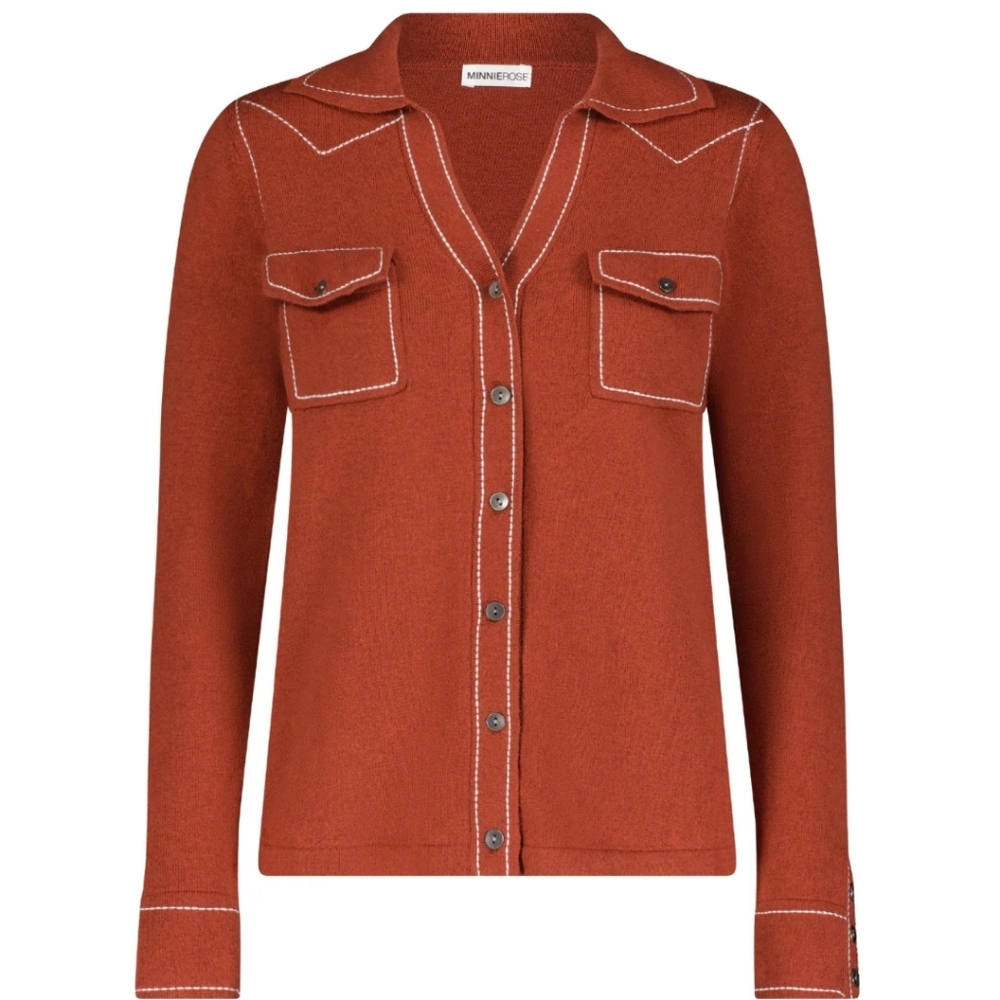 Minnie Rose Cotton Cashmere Top Stitch Embroidered Button Down Shirt